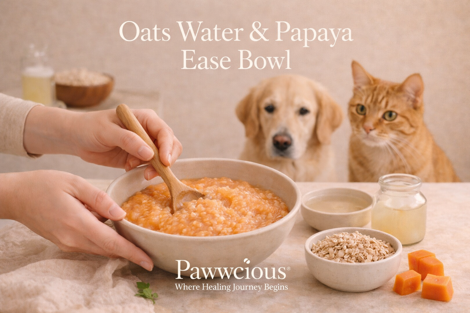 Human preparing an oats water and papaya ease bowl while dog and cat sit calmly nearby | Pawwcious® recipe
