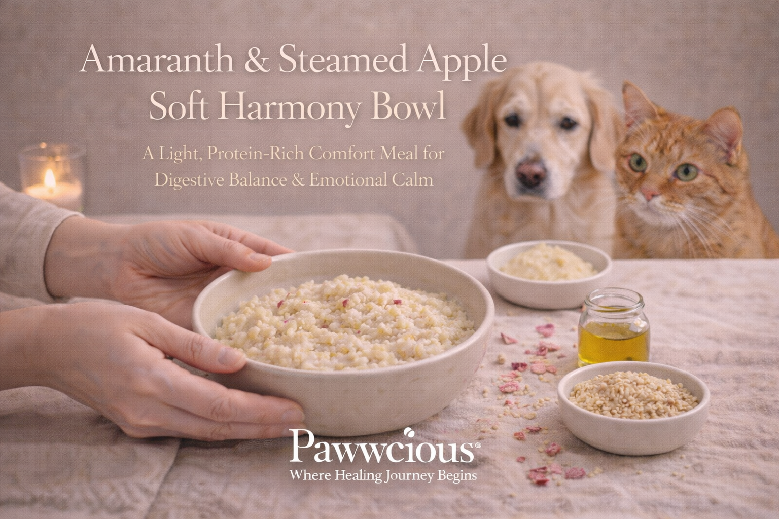 A light amaranth and steamed apple bowl crafted by Pawwcious® to support digestive balance and emotional calm in pets.
