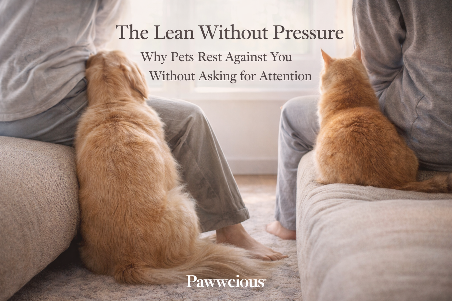 Dog and cat resting calmly while leaning beside their human without seeking attention, showing trust and emotional grounding — Pawwcious®