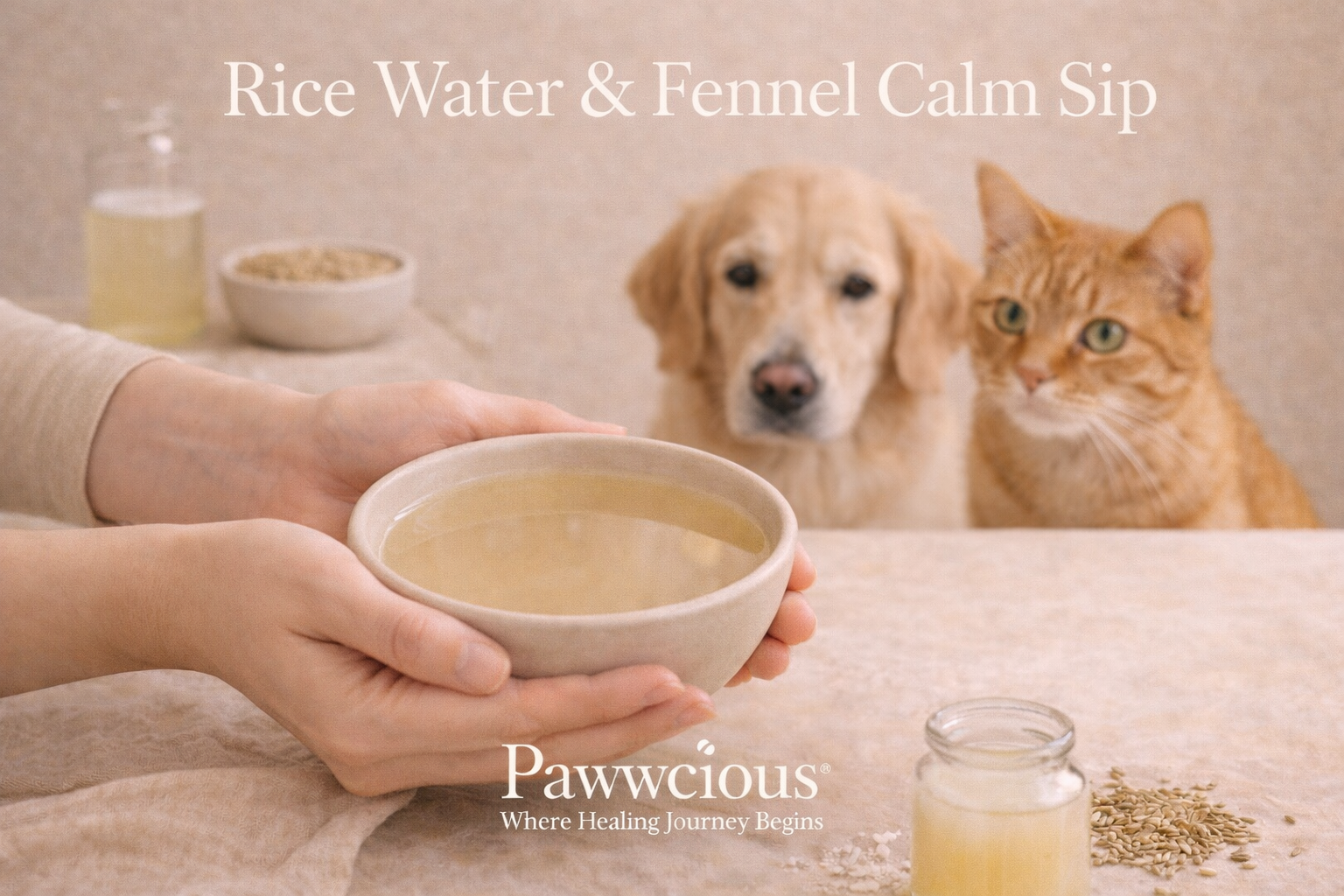 Human holding a bowl of rice water and fennel calm sip while dog and cat sit calmly nearby | Pawwcious® recipe