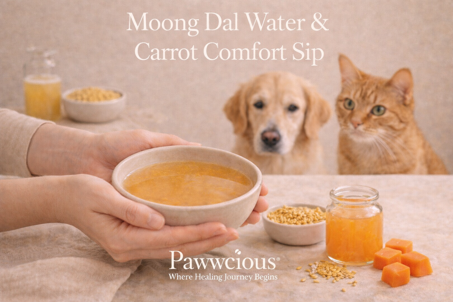 Human holding a bowl of moong dal and carrot comfort sip while dog and cat sit calmly nearby | Pawwcious® recipe
