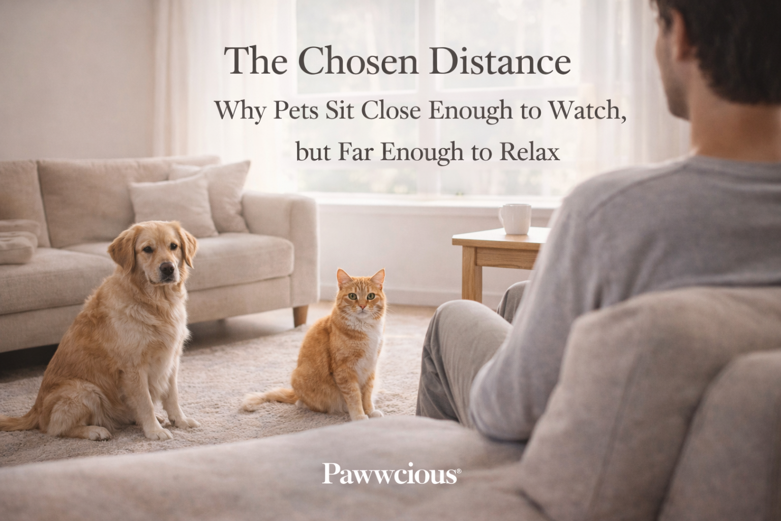 Dog and cat sitting calmly at a short distance from their human in a living room, showing trust and emotional comfort — Pawwcious®