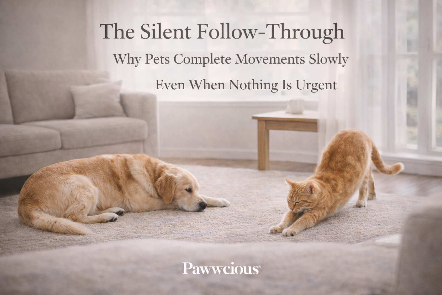 Dog and cat completing slow, relaxed movements indoors, showing calm and emotional safety — Pawwcious®