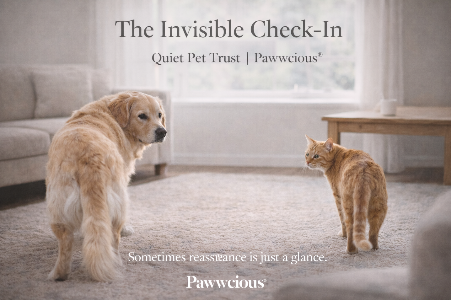 Dog and cat briefly looking back indoors before moving away, showing trust and emotional reassurance — Pawwcious®