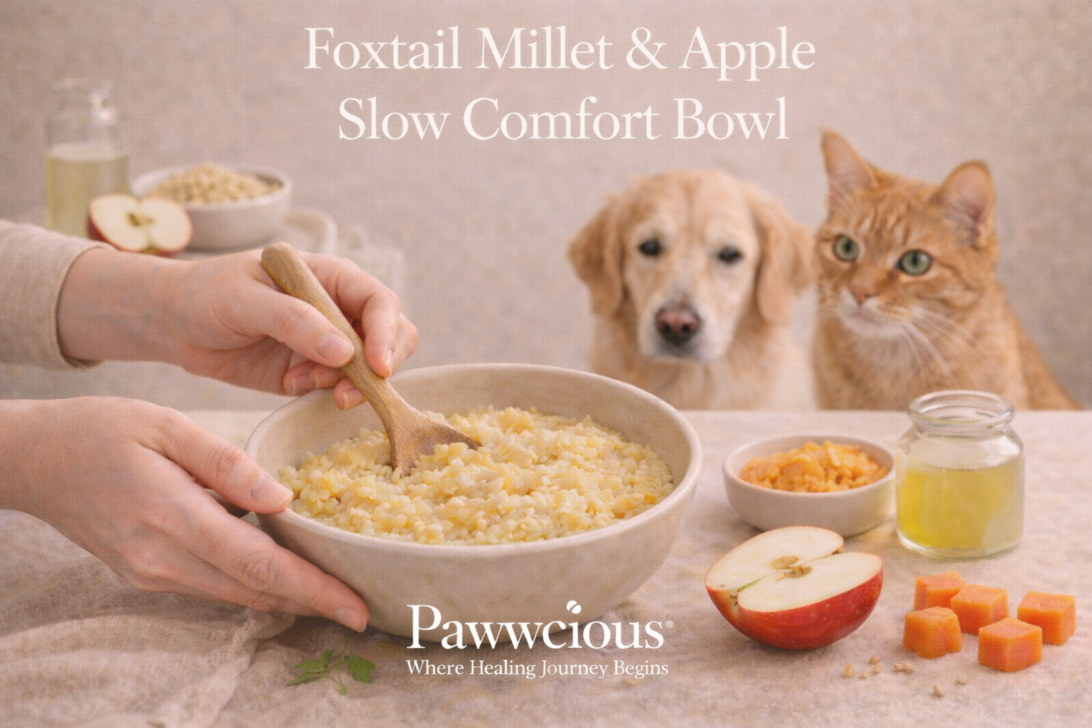 Human preparing a foxtail millet and apple comfort bowl while dog and cat sit calmly nearby | Pawwcious® recipe
