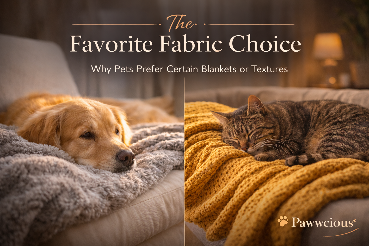 Dog and cat resting on different blankets and textures indoors, showing fabric preference and emotional comfort — Pawwcious®