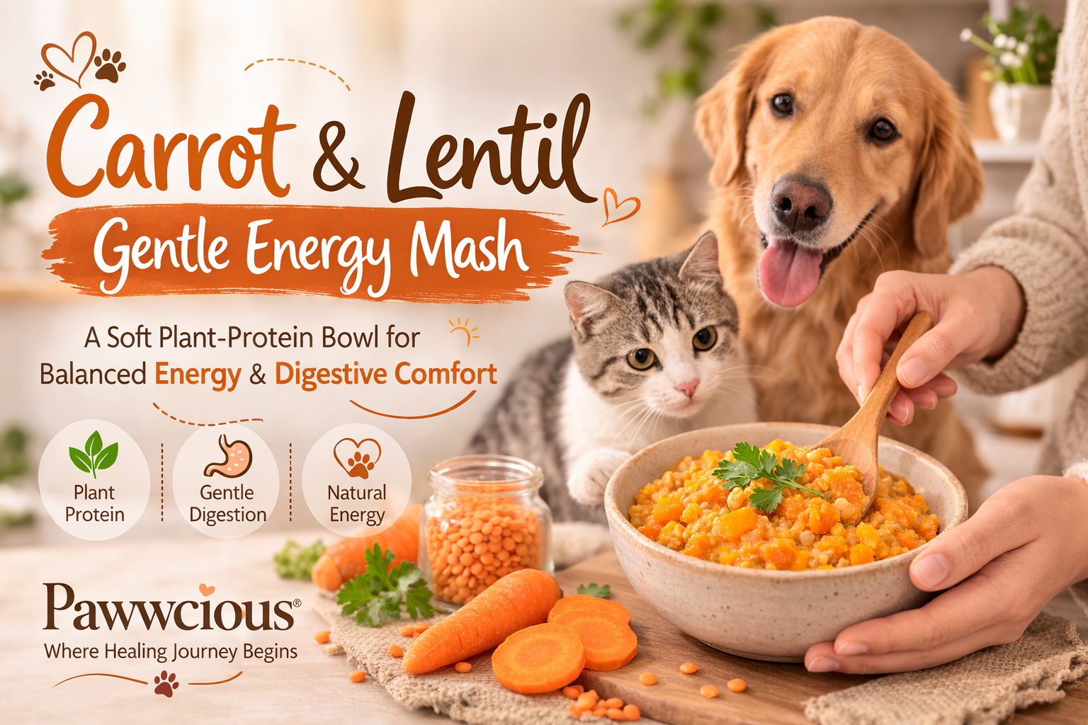 Human preparing a carrot and lentil soft mash while dog and cat sit patiently nearby | Pawwcious® recipe