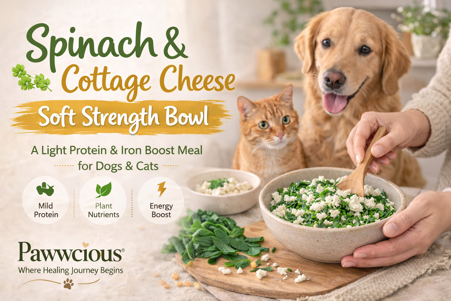 Human preparing a spinach and cottage cheese comfort bowl while dog and cat sit patiently nearby | Pawwcious® recipe