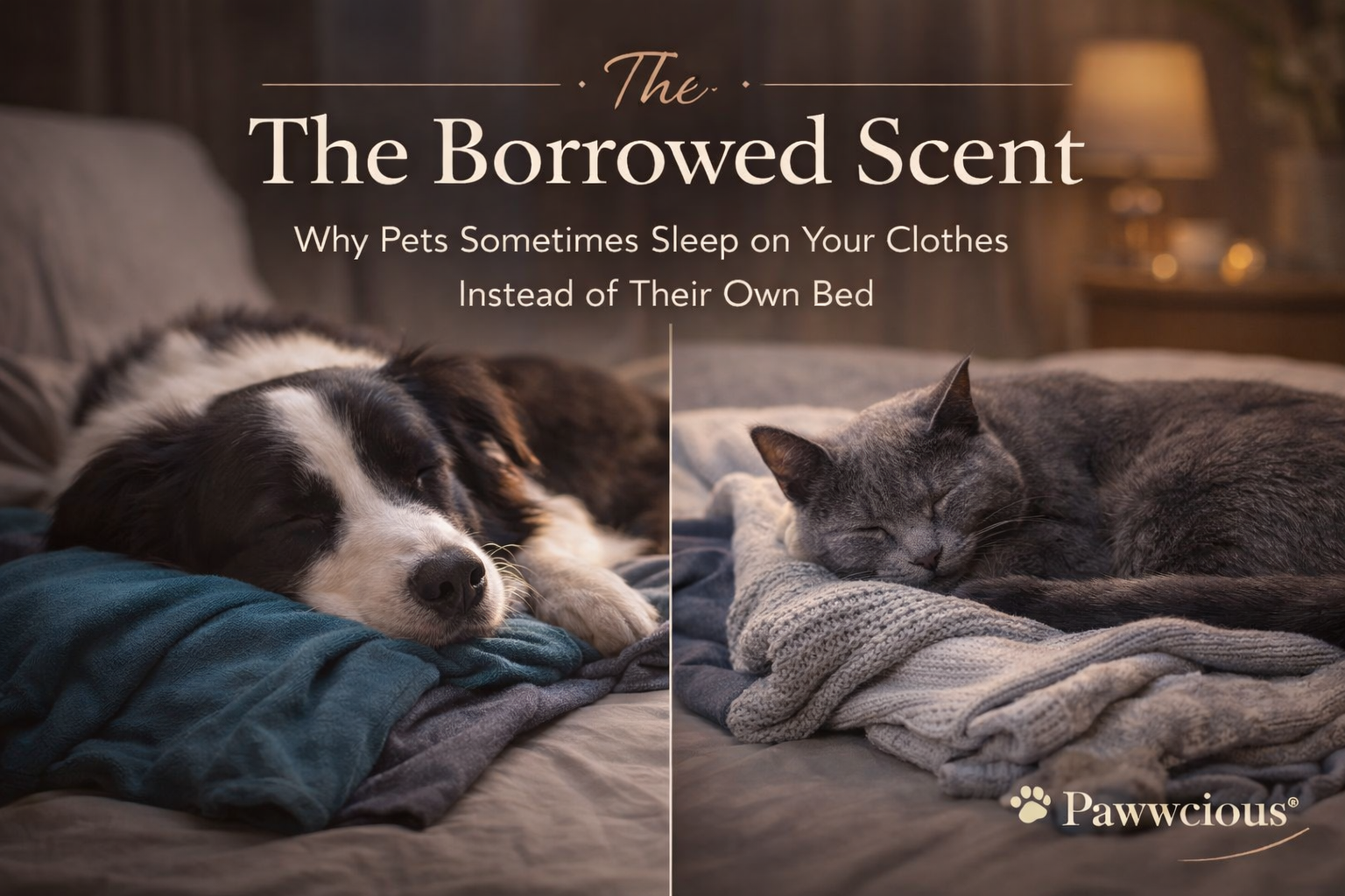 Border Collie and Russian Blue cat resting on owner's clothes indoors showing scent comfort behavior — Pawwcious®