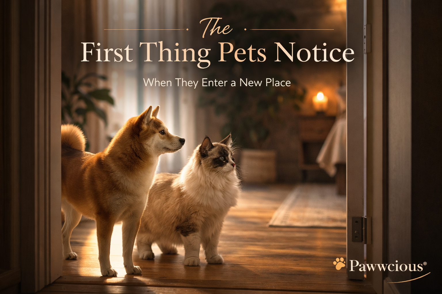 Shiba Inu and Ragdoll cat pausing at doorway while observing a new room — Pawwcious®
