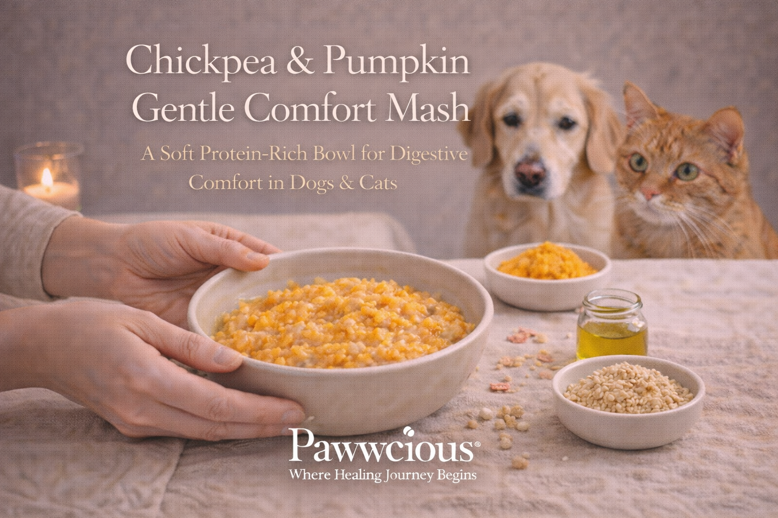 Human preparing a chickpea and pumpkin comfort mash while dog and cat sit patiently nearby | Pawwcious® recipe