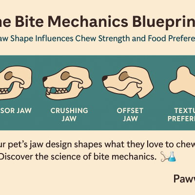 An educational visual showing different jaw structures in pets, illustrating how bite mechanics determine chew strength, food texture preferences, and natural chewing Your pet’s jaw design shapes what they love to chew. Discover the science of bite mechanics. 🦴🔬

