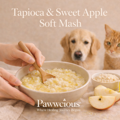 A gentle tapioca and apple soft mash crafted by Pawwcious® to support digestion and comfort in dogs and cats.