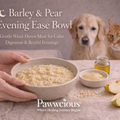 A soft barley and pear bowl crafted by Pawwcious® to support calm digestion and relaxed evenings for pets.