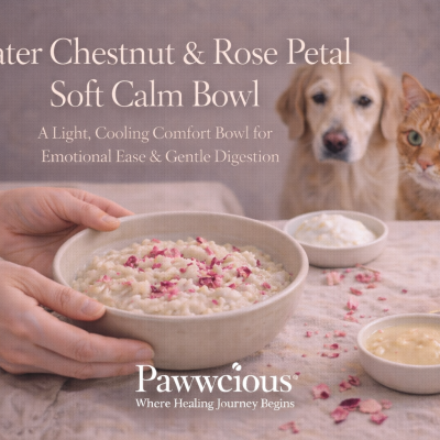 A light water chestnut and rose petal bowl crafted by Pawwcious® to support emotional calm and gentle digestion in pets.