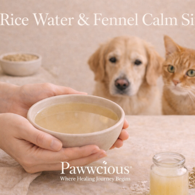 A gentle rice water and fennel drink crafted by Pawwcious® to support digestive calm in dogs and cats.