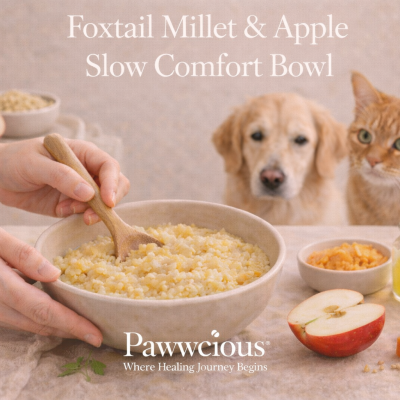 A slow-digesting millet and apple bowl crafted by Pawwcious® to support balanced energy and digestive calm in pets.