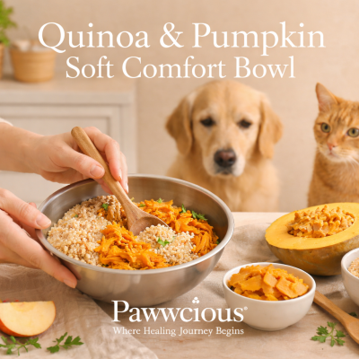 A soft quinoa and pumpkin bowl crafted by Pawwcious® to support gentle digestion in dogs and cats.