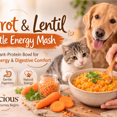 Human preparing a carrot and lentil soft mash while dog and cat sit patiently nearby | Pawwcious® recipe