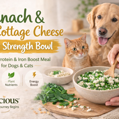 Human preparing a spinach and cottage cheese comfort bowl while dog and cat sit patiently nearby | Pawwcious® recipe