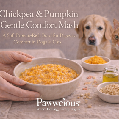 Human preparing a chickpea and pumpkin comfort mash while dog and cat sit patiently nearby | Pawwcious® recipe
