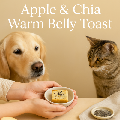 A warm, gentle comfort toast made with apple purée and chia — crafted by Pawwcious® for tummy support and emotional calm.