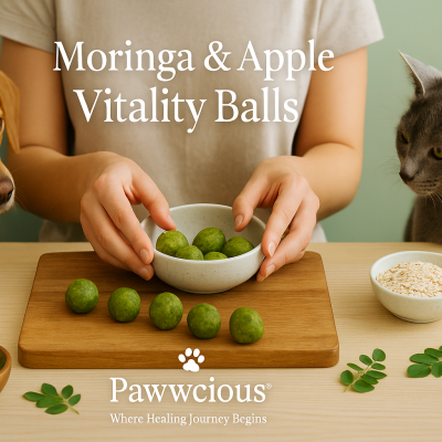 Energizing moringa and apple bites crafted for vitality, strength, and natural glow — a Pawwcious® treat for everyday wellness.
